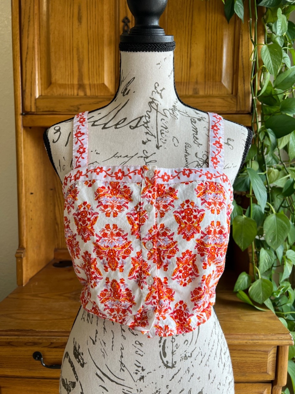 Haute Hippie Crop Top with Red-Orange Floral Print Medium